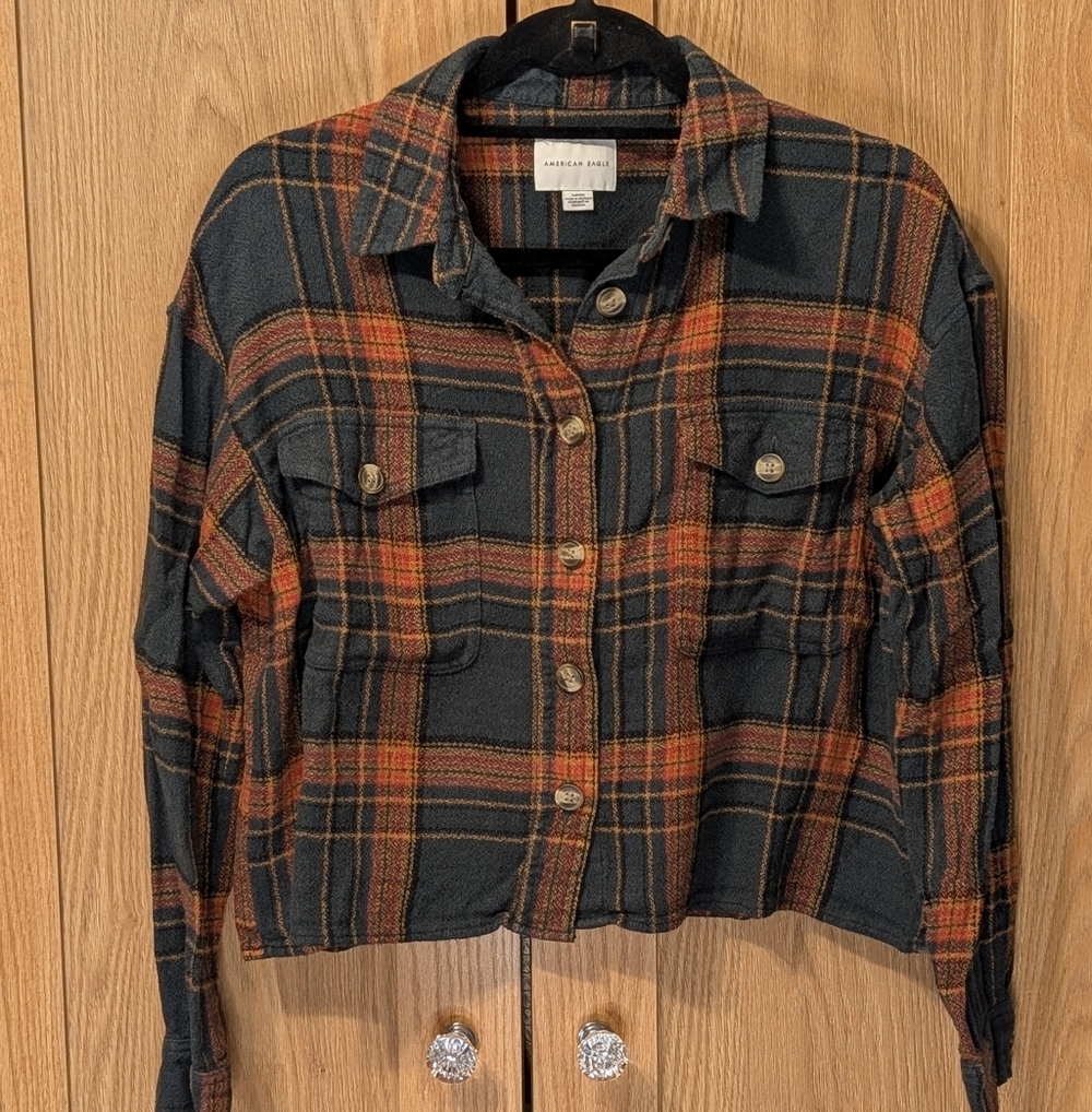 American Eagle Outfitters Gray and Orange Plaid Shirt